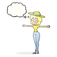 thought bubble cartoon woman spreading arms