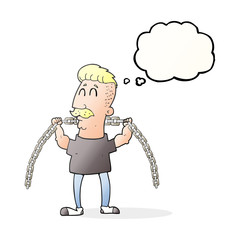 thought bubble cartoon man lifting chain