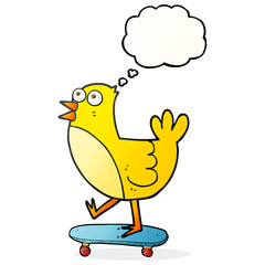 thought bubble cartoon bird on skateboard