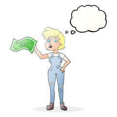 thought bubble cartoon confident farmer woman with money