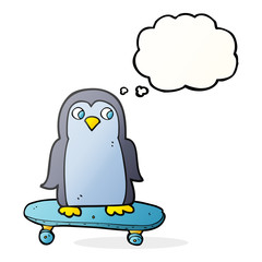 thought bubble cartoon penguin riding skateboard