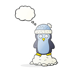thought bubble cartoon penguin wearing hat
