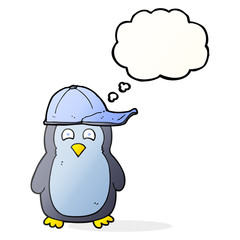 thought bubble cartoon penguin wearing hat