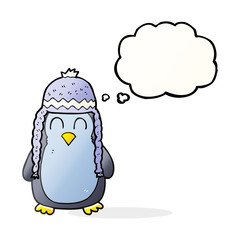 thought bubble cartoon penguin wearing hat