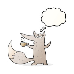 thought bubble cartoon wolf with coffee cup