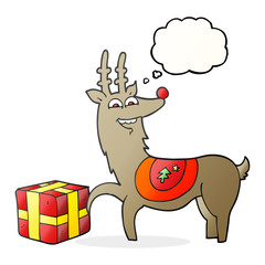 thought bubble cartoon christmas reindeer with present