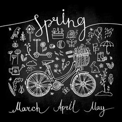poster spring, set of white icons and symbols with bike on blackboard, inscription, vector illustration