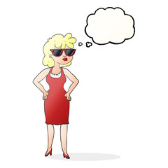 thought bubble cartoon woman wearing sunglasses