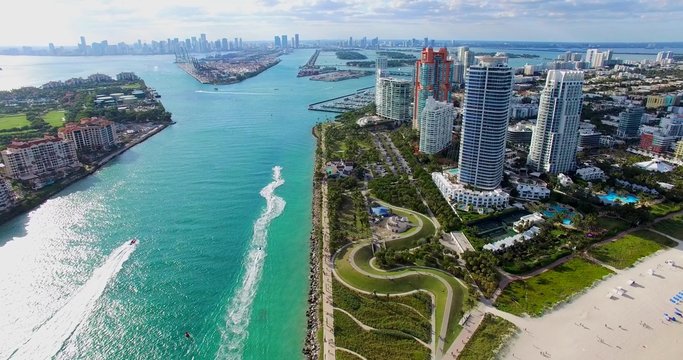 Government Cut canal. Entrance to Miami from Atlantic Ocean. Aerial 4 video. Miami Beach, Florida.