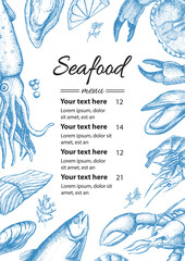 Vector vintage seafood restaurant menu  illustration. Hand drawn