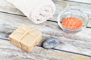 Fototapeta na wymiar Sea salt with homemade soap. SPA