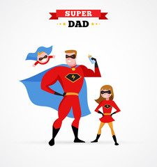 Super hero daddy in superhero costume with children