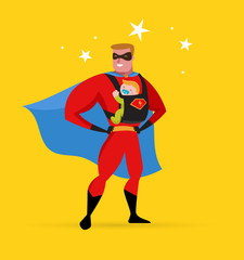 Super hero daddy in superhero costume with carrier and baby