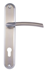 Door handle of silver on a white background front view