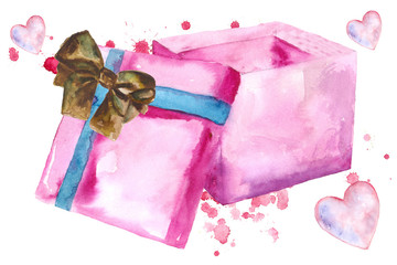 Box. Pink box with bow, decorative hearts painted watercolor painting made by hands. Watercolor painting. Can be used for postcards, prints and design  