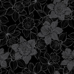 Seamless pattern with daffodils on black background. Hand-drawn vector background.