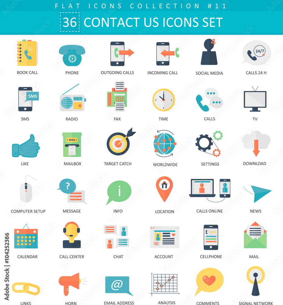 Poster vector contact us color flat icon set. elegant style design.