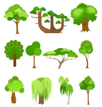 Vector trees icons illustrations. Simple cartoon style.