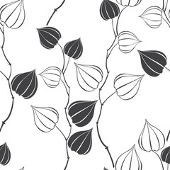 Monochrome seamless pattern with branches physalis. Abstract floral background.