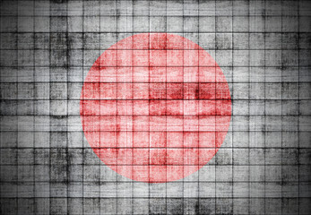 Japanese flag painted on old square blocks wood texture