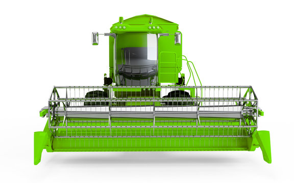 Green Combine harvester isolated on a white background. Front face view