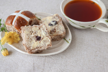 Easter Hot cross buns, selective focus