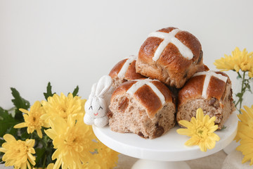Easter Hot cross buns, selective focus
