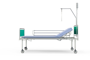 Blue and chrome mobile hospital bed with recliner, 3d illustration, isolated against a white background