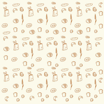 Hand drawn bread and bakery doodles seamless pattern background.