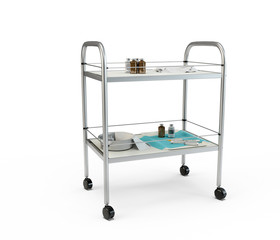 Stainless metal medical supply cabinet placed on a trolley, 3d illustration, isolated against a white background