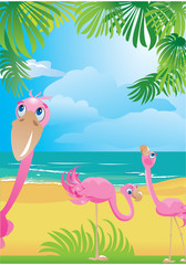 Fototapeta premium Portrait border with flamingos on beautiful tropical beach.