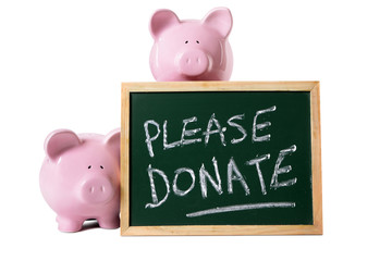 Charity donation box message please donate piggy bank or piggybank with small blackboard photo