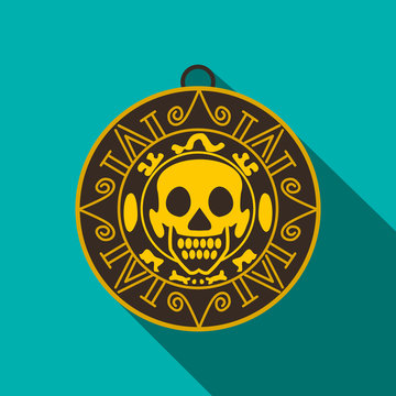 Aztec pirate gold coin icon, flat style 