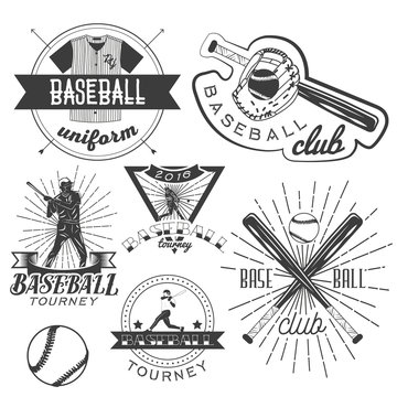Vector set of baseball labels in vintage style. Sport concept. Bat and ball.