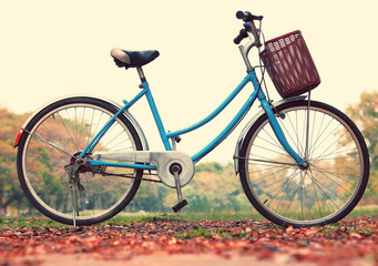 Vintage bicycle waiting near tree, in vintage retro tone