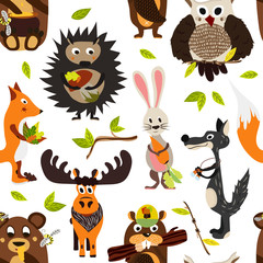 Obraz premium Cute seamless texture wild forest animal design on a white background. Cartoon style. Vector