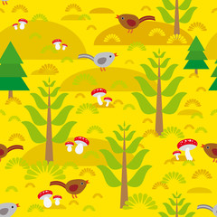 Seamless background with orange autumn mushrooms spruce trees birds