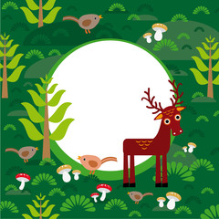 background green forest with deer fir trees mushrooms birds. veccor
