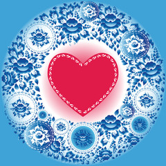 Red heart and blue flowers. Greeting card. vector