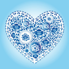 Heart made of blue flowers. Romantic cartoon invitation card.