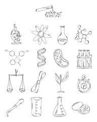 Professional collection of icons and elements. The biological set of hand drawn elements, doodles isolated on white background. Vector