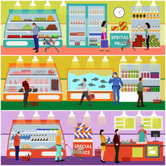 Supermarket interior vector illustration flat style. Customers buy products in food store. People shopping.