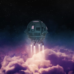 Out of the atmosphere / 3D render of spaceship rising above clouds © grandeduc