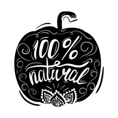 Creative typographic poster or a stamp on the black silhouette of a pumpkin with ornaments isolated on white background for online stores and supermarkets selling natural products. Vector
