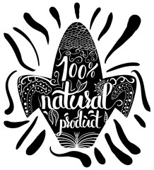 Creative typographic poster or a stamp on the black silhouette of corn isolated on a white background for the online shops and supermarkets to sell 100 percent natural products. Vector