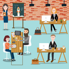 People working in the co-working space infographics elements.ill