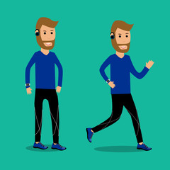 Adult man running for excercise fitness charector with smart watch and wireless earphone.Flat design vector. Illustration EPS10.