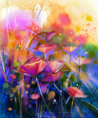 Fototapeta premium Abstract flower watercolor painting. Hand paint White, Yellow, Pink and Red color of daisy- gerbera flowers in soft color on yellow and green blue color background.Spring flower seasonal nature