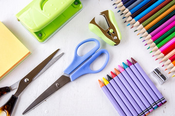 Stationery on old white table top