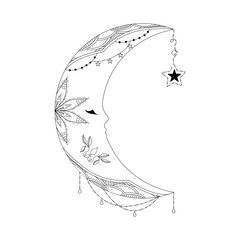 Handmade decorative ethnic pattern with the image of the moon. Vector